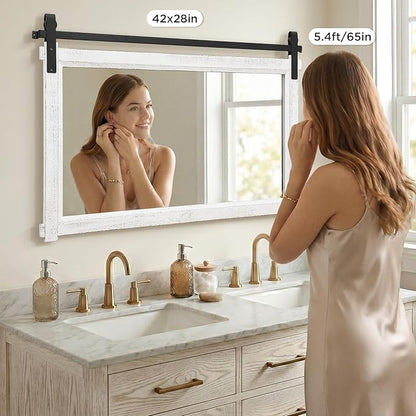 Besdomus Large Bathroom Farmhouse Mirror: 42"x28" White Barn Door Farmhouse Solid Cedar Wood Frame - Rustic Wall Decorative Mirror for Entryway/Living Room/Bathroom Redo - Home Decor for Housewife