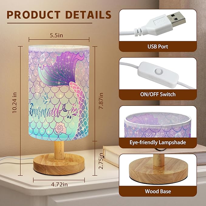 Rainbow Scales Mermaid Bedside Table Lamp for Bedroom with USB Port, Cute Cozy Kids Nightstand Lamp with Wood Base Polyester Fabric Shade for Living Room Dorm Desk (Rainbow02)