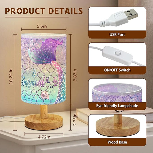 Rainbow Scales Mermaid Bedside Table Lamp for Bedroom with USB Port, Cute Cozy Kids Nightstand Lamp with Wood Base Polyester Fabric Shade for Living Room Dorm Desk (Rainbow02)