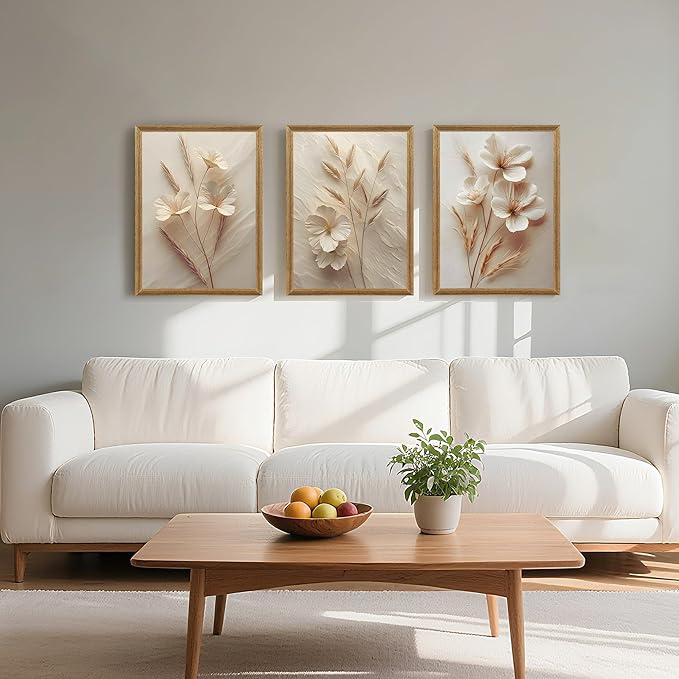 FYLDPSB 3Pcs Framed Neutral Beige Floral Canvas Wall art, Modern Simple Texture Plant Painting Wall Decor, Vintage Flower Poster Prints for Living Room Bedroom Farmhouse Ready to Hang 16''L x 12''W