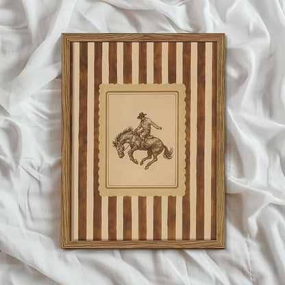 Framed Vintage Western Wall Art, Southwestern Cowboy Horse Canvas Wall Decor Painting, Mid Century Rustic Striped Cowboy Artwork Print Picture for Living Room Bedroom Bathroom 12x16 Inch