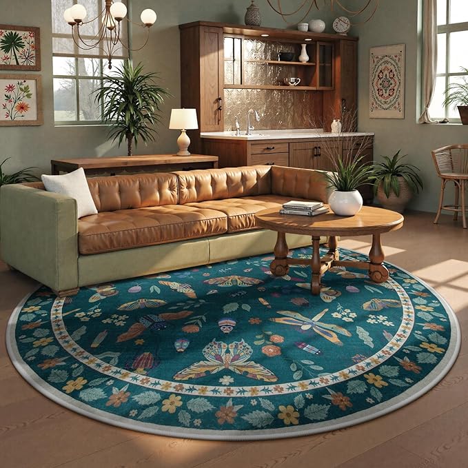Lahome Insect Washable Round Area Rug, Soft Round Rugs 6ft Ultra-Thin Non-Slip, Boho Large Circle Carpet for Bedroom Living Room Kitchen Nursery Vionnet, Dark Green