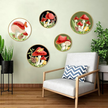 Zzbakress 5 Pcs Boho Wall Decor Farmhouse Wooden Round Bathroom Decor Vintage Bohemian Wall Hanging Decor for Living Room Modern Geometric Wall Decoration Aesthetic Minimalist Wooden Wall Art for Bedroom Apartment Office (Mushroom, 5)