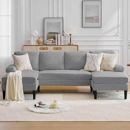 Korser 101" U-Shape Sectional Couch for Living Room, 4 Seat Sofa with Removable Pillows, Modern Chenille Fabric Sets with Double Chaise Lounges for Apartment&Small Space, Pewter