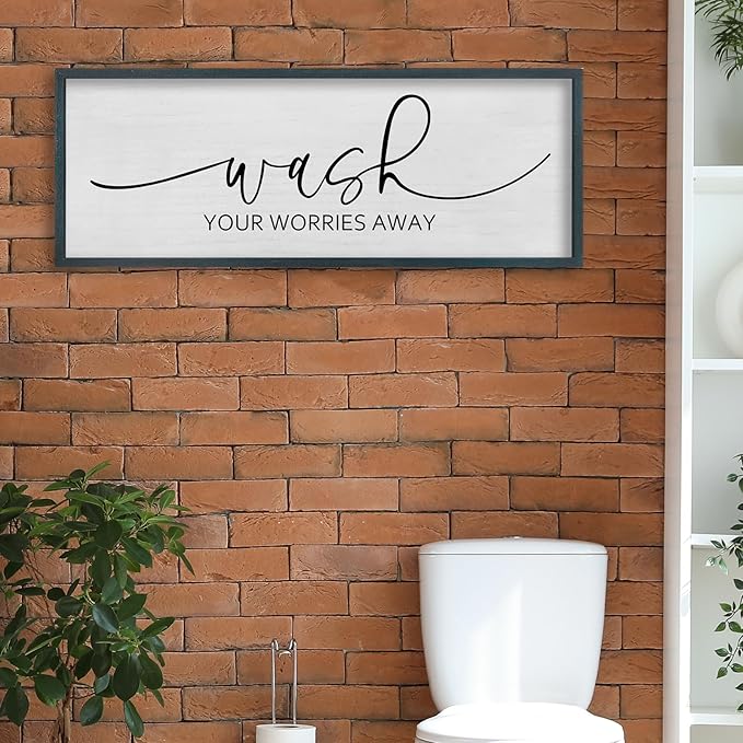 FZMHASLWW Funny Laundry Room Bathroom Wall Decor Wash Your Worries Away Sign 40"×15" Inspirational Quote Art for above the Bathtub Restroom Large Minimalist Wood Framed Hanging Plaqu (Black)