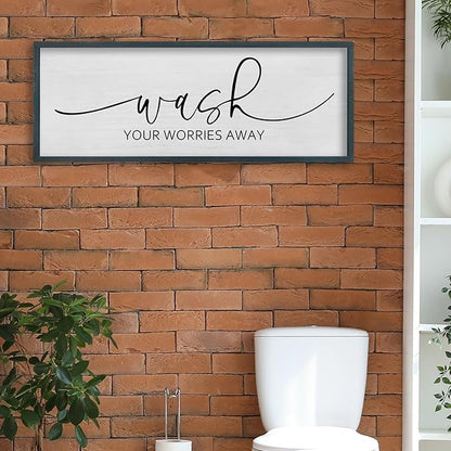 FZMHASLWW Funny Laundry Room Bathroom Wall Decor Wash Your Worries Away Sign 40"×15" Inspirational Quote Art for above the Bathtub Restroom Large Minimalist Wood Framed Hanging Plaqu (Black)