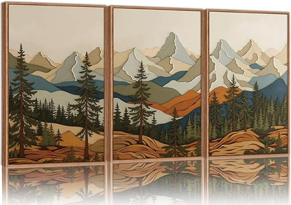 SIGNINART Vintage Mountains Framed Canvas Wall Art, Wooden Forest Wall Decor, Green Wood Pine Trees Wilderness Artwork, Natural Ridge Landscape Art Paintings for Living Room Bedroom Office 16"x24"x3