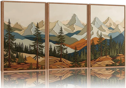 SIGNINART Vintage Mountains Framed Canvas Wall Art, Wooden Forest Wall Decor, Green Wood Pine Trees Wilderness Artwork, Natural Ridge Landscape Art Paintings for Living Room Bedroom Office 16"x24"x3