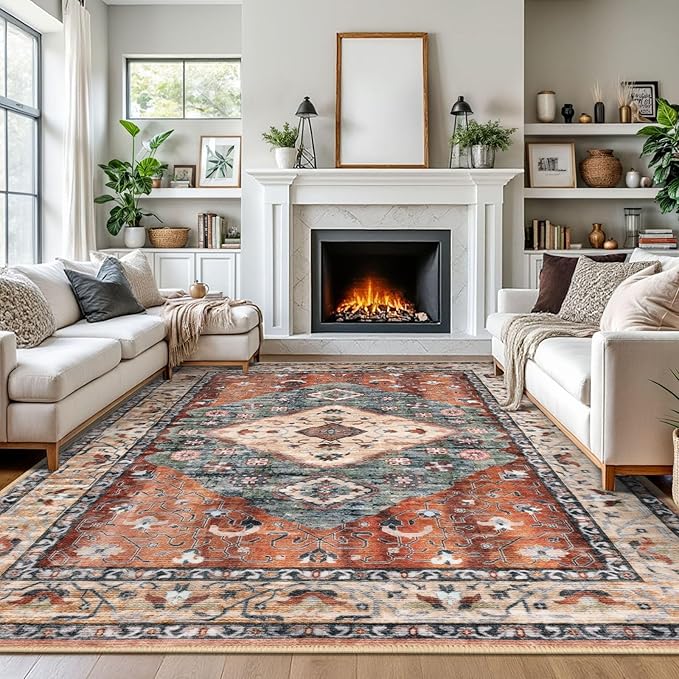 KOZYFLY Boho Area Rug 9x12 Ft Thin Rugs for Living Room Washable Bedroom Rug Non Slip Rugs for Living Room Rust/Orange/Blue Printed Faux Wool Vintage Bedroom Rug Floor Carpet for Dining Room