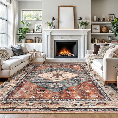 KOZYFLY Boho Area Rug 9x12 Ft Thin Rugs for Living Room Washable Bedroom Rug Non Slip Rugs for Living Room Rust/Orange/Blue Printed Faux Wool Vintage Bedroom Rug Floor Carpet for Dining Room