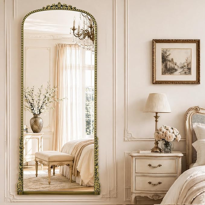 Antique Full Length Mirror 71" x 32", Antique Gold Arched Large Vintage Mirror in Baroque Style with Tempered Glass, Freestanding for Bedroom, Living Room, Cloakroom