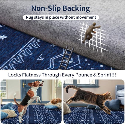 SERISSA 6x9 Area Rugs for Living Room, Washable Non-Slip Blue and White Boho Rug, Soft Low-Pile Geometric Indoor Large Carpet for Dining Room Bedroom Home Office Playroom
