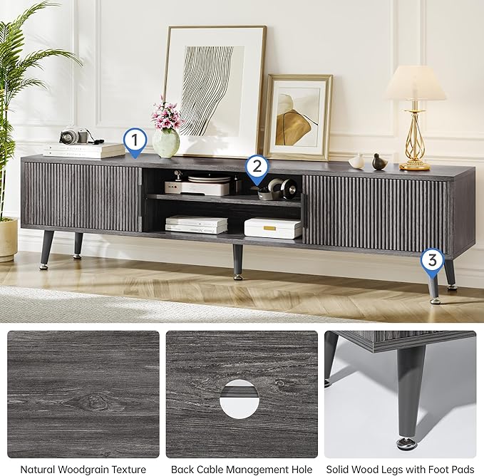 Airynee Mid Century TV Stand, Modern TV Console for TVs up to 70 Inches, Entertainment Center with Storage, TV and Media Consol, 62 Inch (Gray)