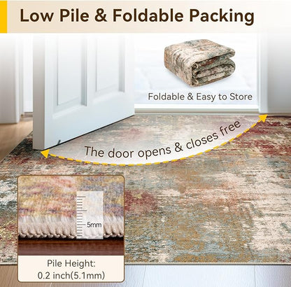 RELEANY Washable Area Rugs 4ft Non-Slip Modern Abstract Soft for Living Room Entryway Bedroom Nursery, Print Pattern, Brown Rust Red Green Blue Multi
