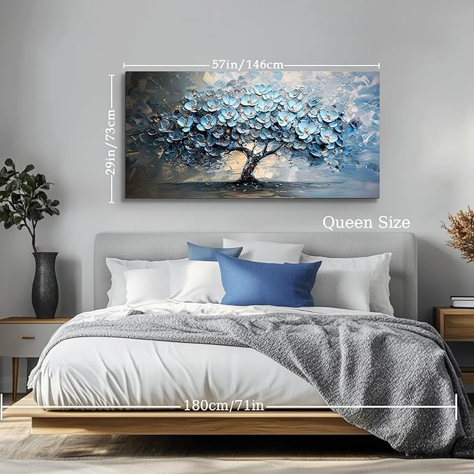 crmotu Tree of Life Large Wall Art for Living Room, Blue Floral Tree Abstract Canvas Prints Aesthetic Pictures, Modern Neutral Wall Decor for Bedroom Bathroom Office, Nature Botanical Decor 29"X57"