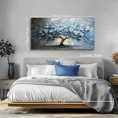 crmotu Tree of Life Large Wall Art for Living Room, Blue Floral Tree Abstract Canvas Prints Aesthetic Pictures, Modern Neutral Wall Decor for Bedroom Bathroom Office, Nature Botanical Decor 29"X57"