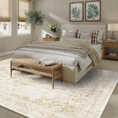 8x10 Vintage Washable Area Rugs Boho Medallion Large Distressed Retro Accent Carpet Floral Non-Slip Soft Low Pile Indoor Throw Rug for Living Room Bedroom Dining Room Office Kitchen, Beige
