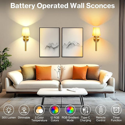 Battery Operated Wall Sconce Set of 2, 5200mAh RGB Wireless Wall Lights with Detachable Charging Stick & Dimmable Bulbs, 12 Colors Rechargeable Wall Lamps for Bedroom Living Room Hallway Decor, Gold