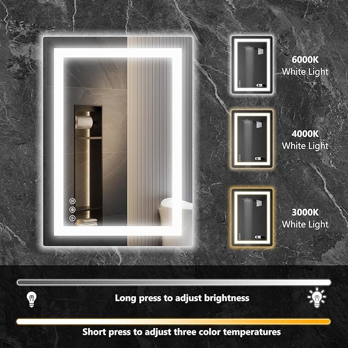 NEWBULIG 28X20 Inch LED Bathroom Wall Mirror with Lights, Light up Vanity Bathroom Mirror for Over Sink, Anti-Fog and Dimmable, Front Light and Backlit, Memory Function, Shatter-Proof, White