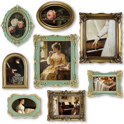 Lineshading 8 Pcs Gold and Green Picture Vintage Gallery Wall Frame Set Including 8x10, 5x7, 4x6 Antique Resin Picture Frame Collage Baroque Victorian for Wall Tabletop Display for Bedroom Living Room
