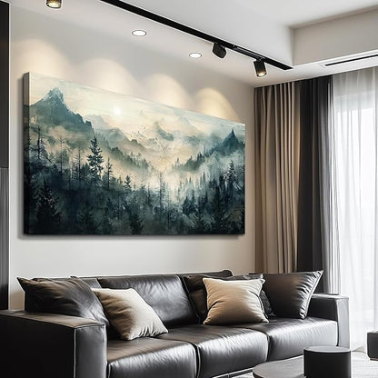 KELIYUAN Misty Forest Wall Art Home Decor Mountain View Large Canvas Wall Painting Nature Landscape Painting For Living Room Bedroom Office Modern Printed Artwork Can Be Hung Directly 24x48 Inches