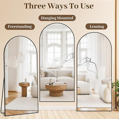 Suidia 58"x21" Arched Full Length Mirror with Stand, Full Body Mirror with Aluminum Frame, Freestanding/Leaning/Wall-Mounted, Floor Mirrors for Bedroom, Living Room, Entryway, Dressing Room, Black