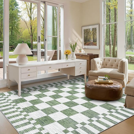 GarveeHome Sage Green Checkered Rug 4×6 Area Rugs for Living Room，Non-Slip Washable Rug Soft Low-Pile, Neutral Modern Farmhouse Geometric Rugs for Bedroom Dining Room Office