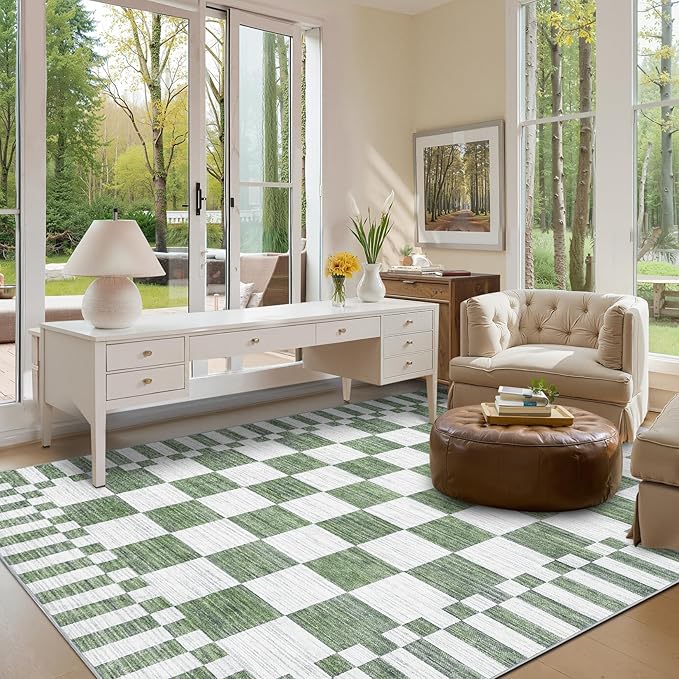 GarveeHome 9×12 Area Rugs for Living Room,Sage Green Checkered Rug, Non-Slip Washable Rugs 8x10,Soft Low-Pile Farmhouse Geometric Modern Rug for Bedroom Dining Room