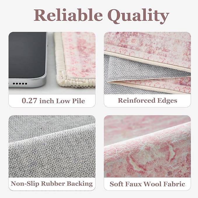 Pink Hallway Runner 2x6, Low Pile Aesthetic Bedside Runner for Bedroom Girls Kids Nursery Dorm, Kitchen Runner Rugs Non Skid Washable, Carpet Runners for Entryway/Foyer/Bedroom/Laundry Room