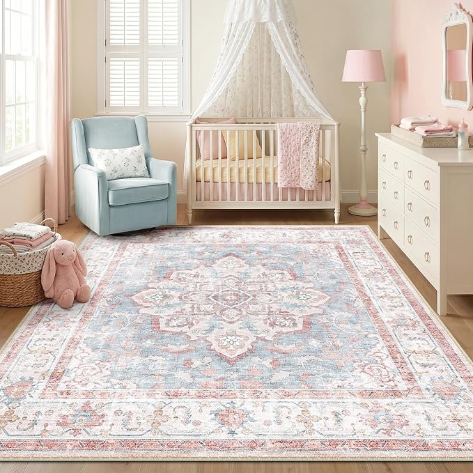 CAPALOCA Machine Washable Rugs Nursery Rug Sq6ft Cute Girl Non Slip Low Pile Water Repellent Soft Print Pattern for Bedroom Indoor Decor Kids Playroom Pink Blue