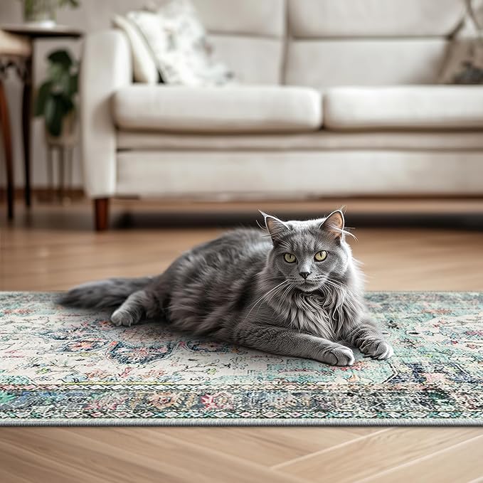 BESTSWEETIE 2x6 Area Rug Washable Rugs for Living Room, No Pile Boho Carpet for Entryway Bedroom Dinning Room, Vintage Carpet Print Distressed Non-Slip, 2 x 6 ft, Multi Navy Teal