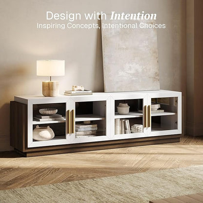 BELLEZE 70 Inches TV Stand for TVs up to 75 Inches, Modern Entertainment Center with Glass Door and Shelves, Wood Storage Cabinet for Living Room - Brixston, White