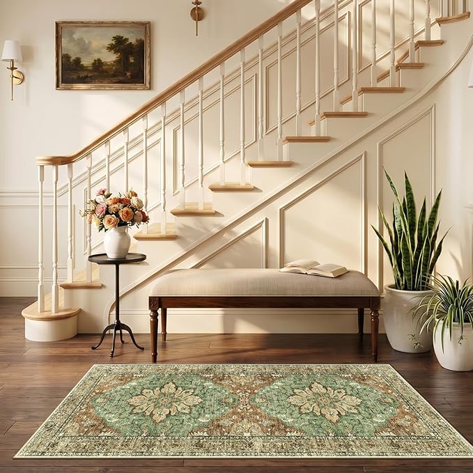 RELEANY Area Rugs 2'6"x5' Runner Rug Non Slip Washable for Kitchen Hallway Bedroom Beside Laundry Room Bathroom Rug, Floor Carpet, Brick Red Rust Neutral Brown Burnt Orange Green