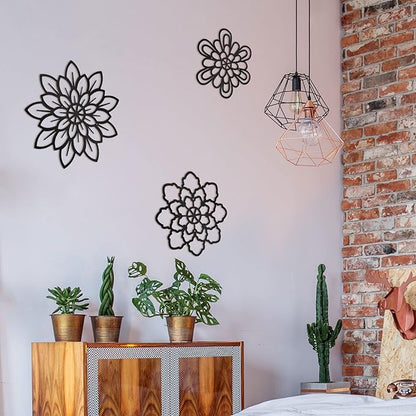 Moxweyeni 3 Pieces Metal Flowers Wall Decoration, Metal Rustic Wall Art Farmhouse Multiple Floral Hanging Decoration for Bathroom Living Room Kitchen Garden Office(Black)