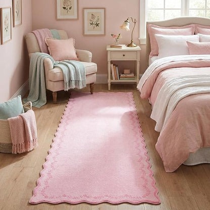 GarveeHome 2.6x10 Scalloped Valentines Washable Runner Rug for Kitchen, Soft Pink Long Hallway Runner Non Slip Entryway Rug Farmhouse Thin Laundry Mat Stain Resistant Carpet for Bathroom Beside Rug