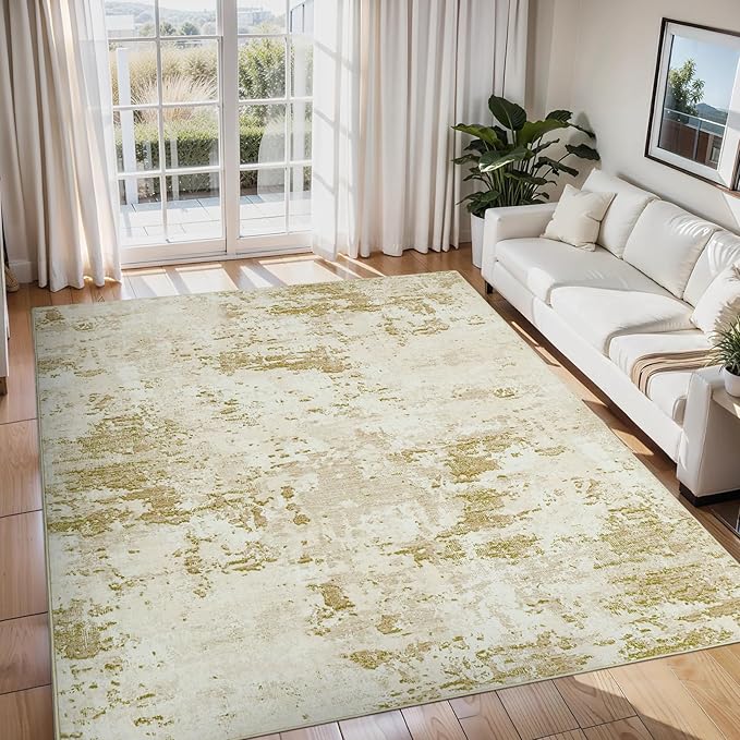 ROYHOME Modern Abstract Area Rug 9x12 Non Slip Non Shedding Rug Low Pile Stain Resistant for Bedroom Living Room,Golden Grey