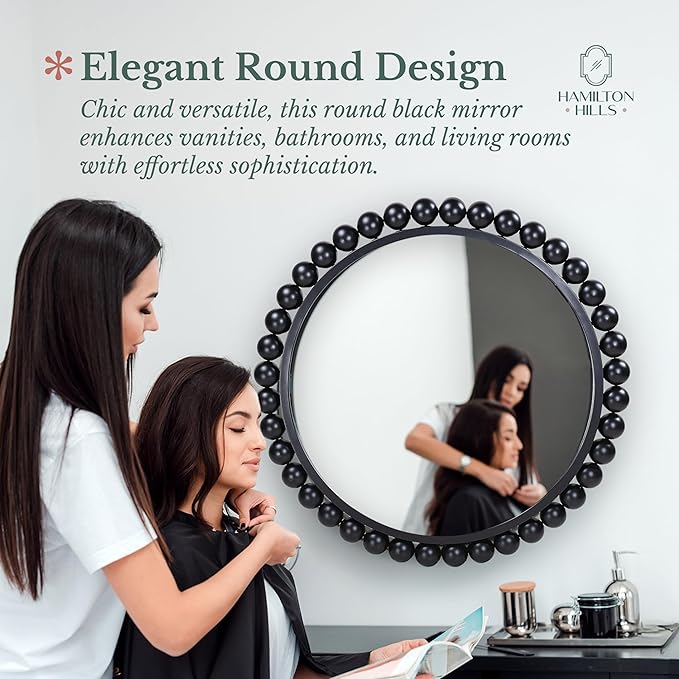 Hamilton Hills Black Circle Mirror - 33 x 33in - Chic Round Mirror for Living Room, Bathroom, Entryway, Vanity Decor -Dimensional Crystal Clear Beads Reflect Light - Home Wall Decor