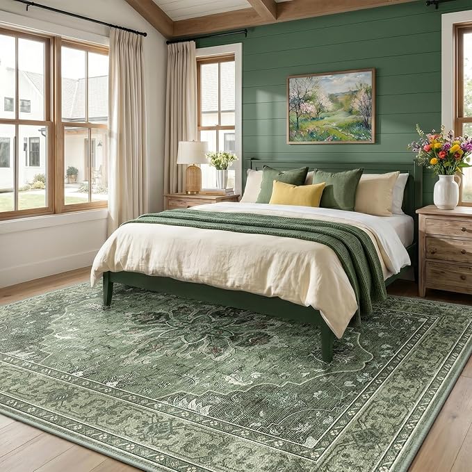 RELEANY Area Rugs 9'x12' Washable Non-Slip, Floral Vintage Distress Print Pattern Medallion Carpet for Living Room Bedroom Dining Room, Dark Green Gray