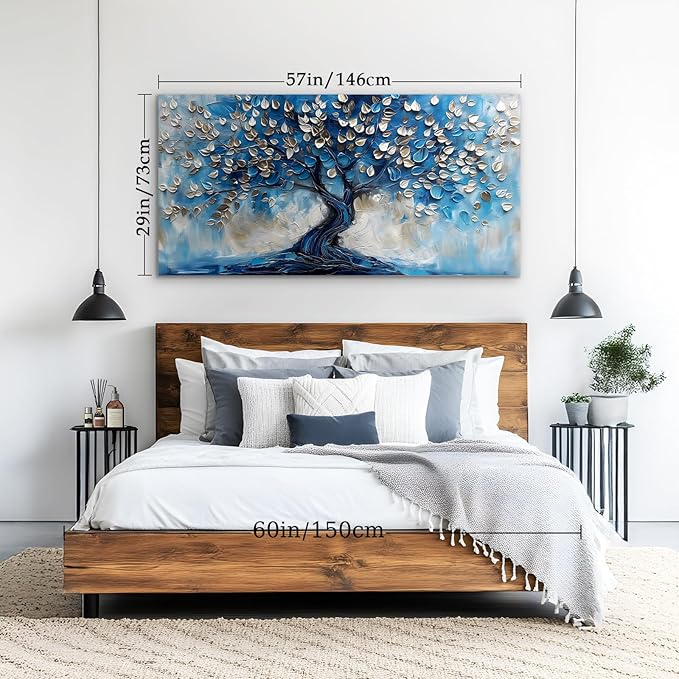 crmotu Tree of Life Large Wall Art for Living Room, Blue Tree Canvas Decor Paintings Abstract Art Prints, Neutral Navy Blue Pictures Wall Decor for Bedroom Bathroom Office Modern Home Decor 29"X57"
