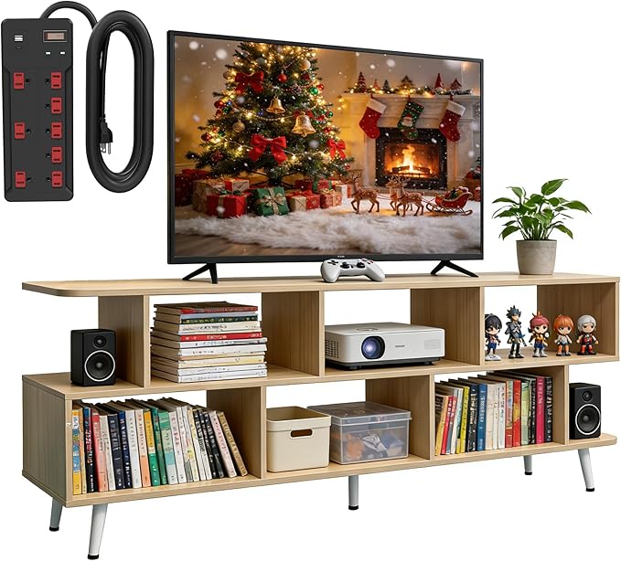 Lightdot 65 Inch TV Stand, up to 75 Inch TVs, Large Storage for Collection with 8 Open Shelves, Sturdy Media Console Table for Living Room/Entrance/Kitchen/Sofa Cabinet, Easy Assembly, Walnut