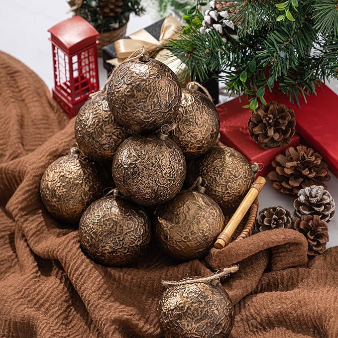 Suncalla 24 Pcs Farmhouse Christmas Ball Ornaments 3.15'' Vintage Antique Gold Christmas Tree Decor Rustic Distressed Neutral Ornaments with Loop Shatterproof Hanging Ball for Farmhouse Xmas Decor