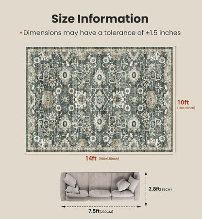 AMADA HOMEFURNISHING 10x14 Washable Area Rug, Low-Profile Large Area Rug with Non-Slip Backing & Durable Edge Binding, Vintage Large Rugs for Living Room, Bedroom & Dining Room
