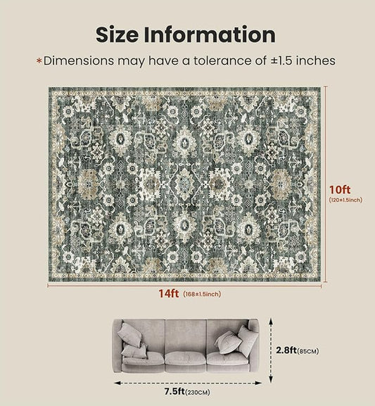 AMADA HOMEFURNISHING 10x14 Washable Area Rug, Low-Profile Large Area Rug with Non-Slip Backing & Durable Edge Binding, Vintage Large Rugs for Living Room, Bedroom & Dining Room