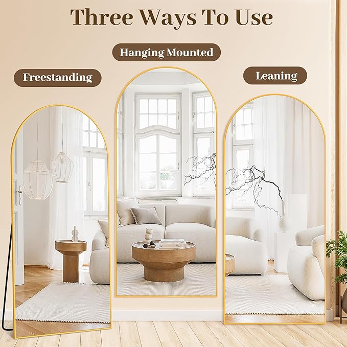 Suidia 58"x21" Arched Full Length Mirror with Stand, Full Body Mirror with Aluminum Frame, Freestanding/Leaning/Wall-Mounted, Floor Mirrors for Bedroom, Living Room, Entryway, Dressing Room, Gold