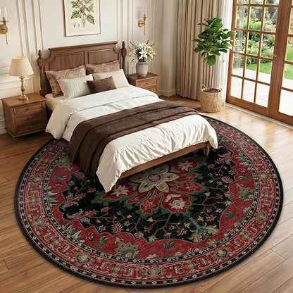 RELEANY Area Rugs Round 10ft Washable Non-Slip, Floral Vintage Distress Print Pattern Medallion Carpet for Living Room Bedroom Dining Room, Red Black