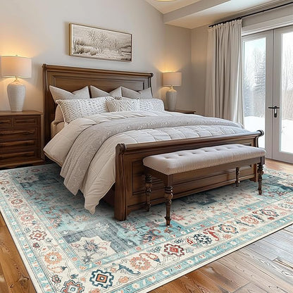 GENIMO 8x10 Area Rugs for Living Room, Machine Washable Non Slip Rugs, Low Pile Lightweight Vintage Print Rug for Bedroom, Dining Room, Home Office, Turquoise & White