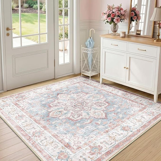CAPALOCA Machine Washable Rugs Nursery Rug Sq5ft Cute Girl Non Slip Low Pile Water Repellent Soft Print Pattern for Bedroom Indoor Decor Kids Playroom Pink Blue