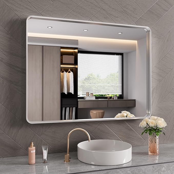 JISOSO Brushed Nickel Bathroom Mirror 48x40 Inch, Brushed Silver Metal Frame Mirror Wall Mounted, Rounded Rectangle Bathroom Vanity Mirror, Tempered Glass, Anti-Rust, Horizontal/Vertical