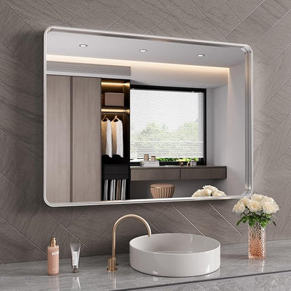 JISOSO Brushed Nickel Bathroom Mirror 48x32 Inch, Brushed Silver Metal Frame Mirror Wall Mounted, Rounded Rectangle Bathroom Vanity Mirror, Tempered Glass, Anti-Rust, Horizontal/Vertical