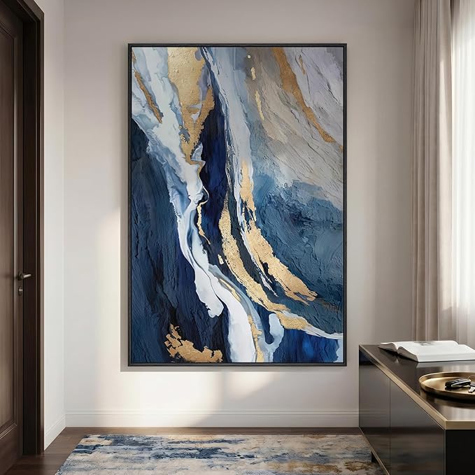 Extra Large Framed Blue Abstract Wall Art for Living Room, 40x60 In Oversized Blue and Gold Modern Canvas Prints Paintings, Big Vertical Navy Blue Pictures for Hallway Dining Bedroom Office Wall Decor